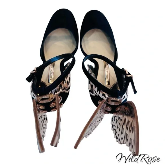 SOPHIA WEBSTER EVANGELINE D’ORSAY BLACK & ROSE GOLD BUTTERFLY WINGS PUMPS SZ 36
